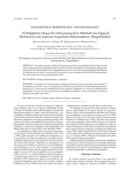 El Subgénero Megachile (Dasymegachile) Mitchell Con Especial Referencia a Las Especies Argentinas (Hymenoptera: Megachilidae)