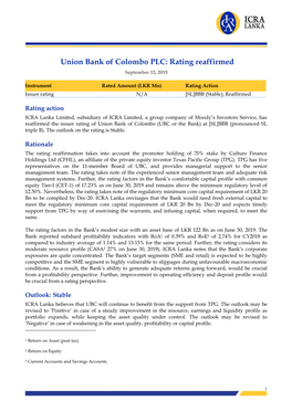 Union Bank of Colombo PLC: Rating Reaffirmed September 12, 2019