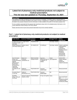 Latest List of Pharmacy Only Medicinal Products Not Subject to Medical Prescription This List Was Last Updated on Thursday, September 23, 2021