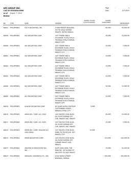 APC GROUP INC. Page : 1 LIST of STOCKHOLDERS Date : 8/7/2014 As of August 7, 2014 Broker