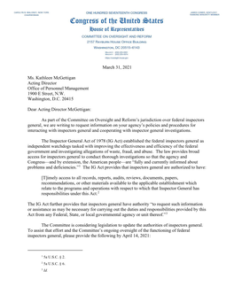 March 31, 2021 Ms. Kathleen Mcgettigan Acting Director Office of Personnel Management 1900 E Street, N.W. Washington, D.C. 20415