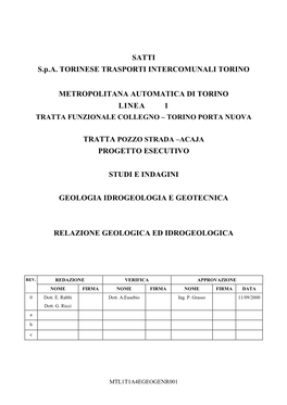 SATTI S.P.A. TORINESE TRASPORTI INTERCOMUNALI TORINO METROPOLITANA AUTOMATICA DI TORINO LINEA 1 PROGETTO ESECUTIVO STUDI