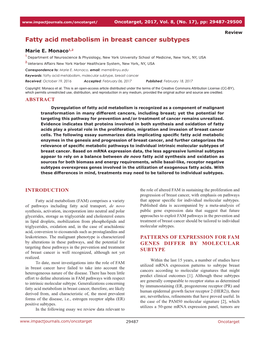 Fatty Acid Metabolism in Breast Cancer Subtypes