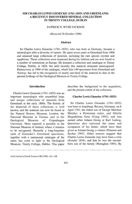 Sir Charles Lewis Giesecke (1761-1833) and Greenland: a Recently Discovered Mineral Collection in Trinity College, Dublin