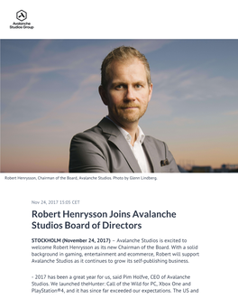 Robert Henrysson Joins Avalanche Studios Board of Directors