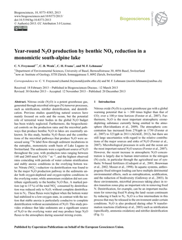 Year-Round N2O Production by Benthic Nox Reduction in a Monomictic South-Alpine Lake