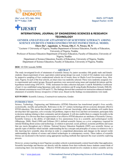 GENDER and LEVELS of ATTAINMENT of SCIENTIFIC LITERACY AMONG SCIENCE STUDENTS UNDER CONSTRUCTIVIST INSTRUCTIONAL MODEL Ebere Ibe*, Appolonia A
