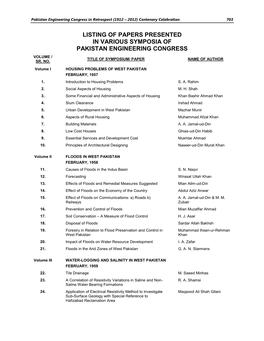 Listing of Papers Presented in Various Symposia of Pakistan Engineering Congress Volume / Title of Symposium/ Paper Name of Author Sr