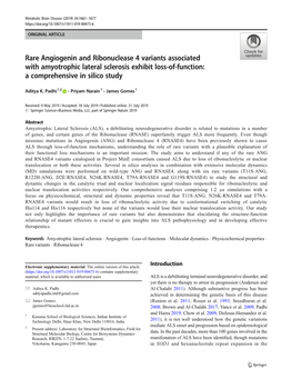 Rare Angiogenin and Ribonuclease 4 Variants Associated with Amyotrophic Lateral Sclerosis Exhibit Loss-Of-Function: a Comprehensive in Silico Study