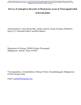 Survey of Anisoptera Diversity in Flood Prone Areas in Tirurangadi Taluk of Kerala,India