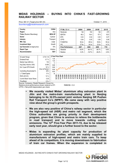 Midas Holdings – Buying Into China's Fast-Growing Railway Sector