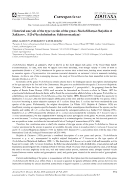 Historical Analysis of the Type Species of the Genus Trichobilharzia Skrjabin Et Zakharov, 1920 (Platyhelminthes: Schistosomatidae)