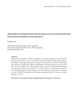 Implementasi Program Siaran Lokal Pada Stasiun Televisi Di Daerah Istimewa Yogyakarta