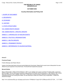 THE REPUBLIC of CONGO (BRAZZAVILLE) OCTOBER 2003 Country Information and Policy Unit I. SCOPE of DOCUMENT II. GEOGRAPHY III