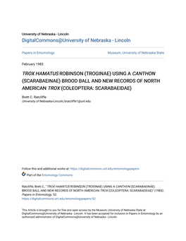 Trox Hamatus Robinson (Troginae) Using a Canthon (Scarabaeinae) Brood Ball and New Records of North American Trox (Coleoptera: Scarabaeidae)