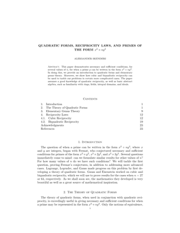 QUADRATIC FORMS, RECIPROCITY LAWS, and PRIMES of the FORM X2 + Ny2