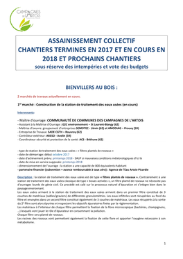 ASSAINISSEMENT COLLECTIF CHANTIERS TERMINES EN 2017 ET EN COURS EN 2018 ET PROCHAINS CHANTIERS Sous Réserve Des Intempéries Et Vote Des Budgets