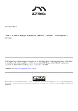 Maurizio Busca Ovide Et Le Théâtre Tragique Français Des Xvie Et Xviie