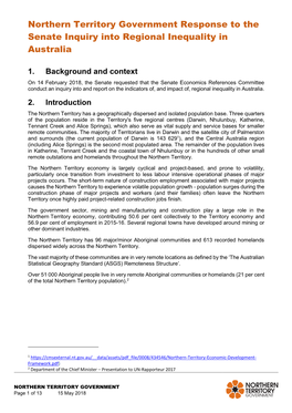 Northern Territory Government Response to the Senate Inquiry Into Regional Inequality in Australia