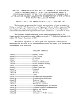 Treasury Department Technical Explanation of the Agreement Between the Government of the United States of America