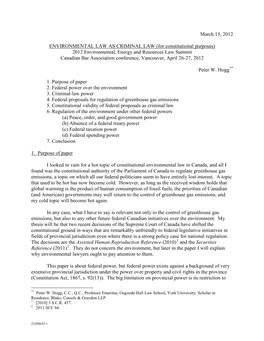 March 15, 2012 ENVIRONMENTAL LAW AS CRIMINAL