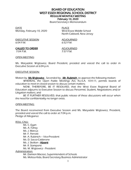 BOARD of EDUCATION WEST ESSEX REGIONAL SCHOOL DISTRICT REGULAR MONTHLY MEETING February 10, 2020 Board Secretary’S Memorandum