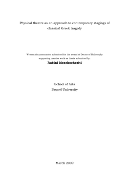 Physical Theatre As an Approach to Contemporary Stagings of Classical Greek Tragedy