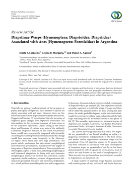 Hymenoptera: Diaprioidea: Diapriidae) Associated with Ants (Hymenoptera: Formicidae) in Argentina