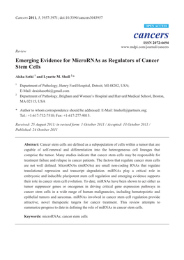 Emerging Evidence for Micrornas As Regulators of Cancer Stem Cells