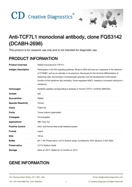 Anti-TCF7L1 Monoclonal Antibody, Clone FQS3142 (DCABH-2698) This Product Is for Research Use Only and Is Not Intended for Diagnostic Use