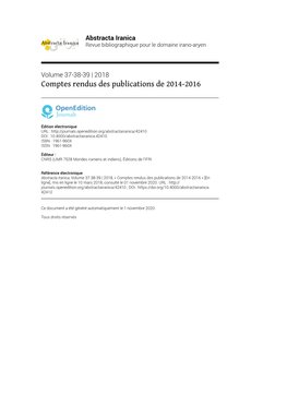 Abstracta Iranica, Volume 37-38-39 | 2018, « Comptes Rendus Des Publications De 2014-2016 » [En Ligne], Mis En Ligne Le 10 Mars 2018, Consulté Le 01 Novembre 2020