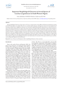 Important Morphological Characters in Several Species of Cassiinae (Leguminosae) in South-Western Nigeria Sefiu Adekilekun SAHEED, Herbert Chukwuma ILLOH