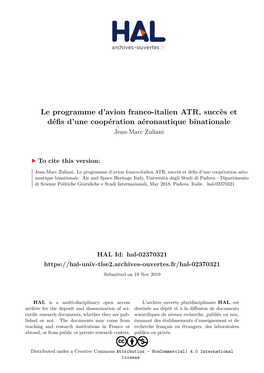 Le Programme D'avion Franco-Italien ATR, Succès Et Défis D'une