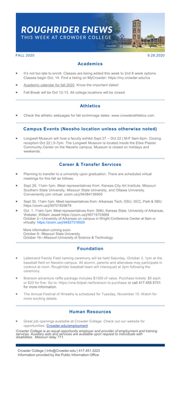 Academics Athletics Campus Events (Neosho Location Unless Otherwise