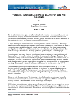 Tutorial: Internet Languages, Character Sets and Encodings