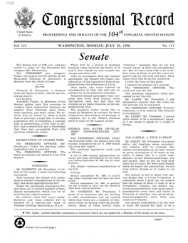 Congressional Record United States Th of America PROCEEDINGS and DEBATES of the 104 CONGRESS, SECOND SESSION