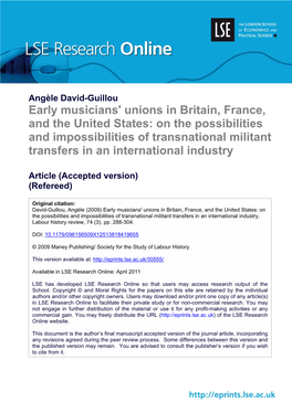 Early Musicians' Unions in Britain, France, And