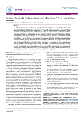 Autism, Chemicals, Probable Cause and Mitigation: a New Examination