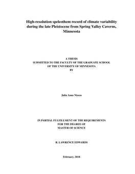 High-Resolution Speleothem Record of Climate Variability During the Late Pleistocene from Spring Valley Caverns, Minnesota