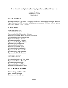House Committee on Agriculture, Forestry, Aquaculture, and Rural Development Minutes of Meeting 2019 Regular Session May 30