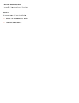Maxwell's Equations Lecture 20 : Magnetostatics and Ohms Law