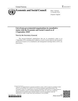 List of Non-Governmental Organizations in Consultative Status with the Economic and Social Council As of 1 September 2018*