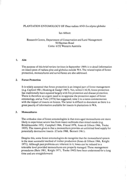 PLANTATION ENTOMOLOGY of Pinus Radiata and Eucalyptus Globulus Ian Abbott Research Centre, Department of Conservation and Land M