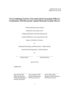 Novel Antifungal Activity of Geraniol and Its Synergistic Effect in Combination with Fluconazole Against Resistant Candida Albicans