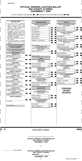 Official General Election Ballot Bay County, Florida November 7, 2000