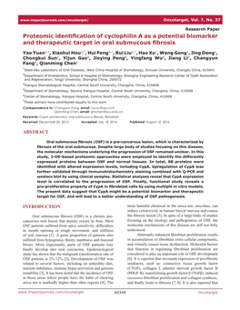 Proteomic Identification of Cyclophilin a As a Potential Biomarker and Therapeutic Target in Oral Submucous Fibrosis