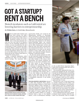 RENT a BENCH Biotech Incubators Such As Labcentral Are Lowering Barriers to Entrepreneurship by Trisha Gura, in Cambridge, Massachusetts