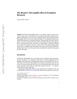 The Rossiter–Mclaughlin Effect in Exoplanet Research