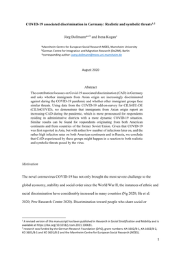 COVID-19 Associated Discrimination in Germany: Realistic and Symbolic Threats1,2