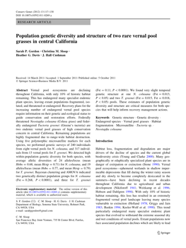 Population Genetic Diversity and Structure of Two Rare Vernal Pool Grasses in Central California